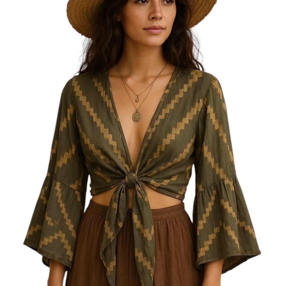 Zoya Greece Olive Green Gold Tie Front Bell Sleeve Crop Top Small